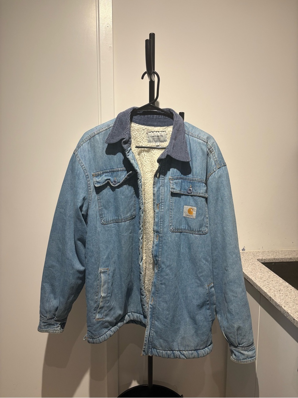 Carhartt Light Blue Denim Sherpa-Lined Jacket with Corduroy Collar